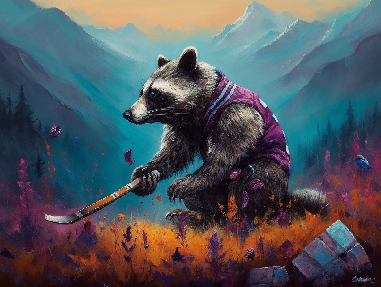 Expressive Branko Marjanovic-inspired blue-furred raccoon planting hockey