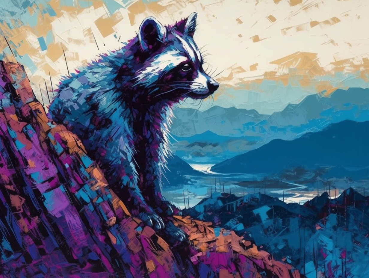 Blue-Furred Raccoon on Purple Mountain Peak