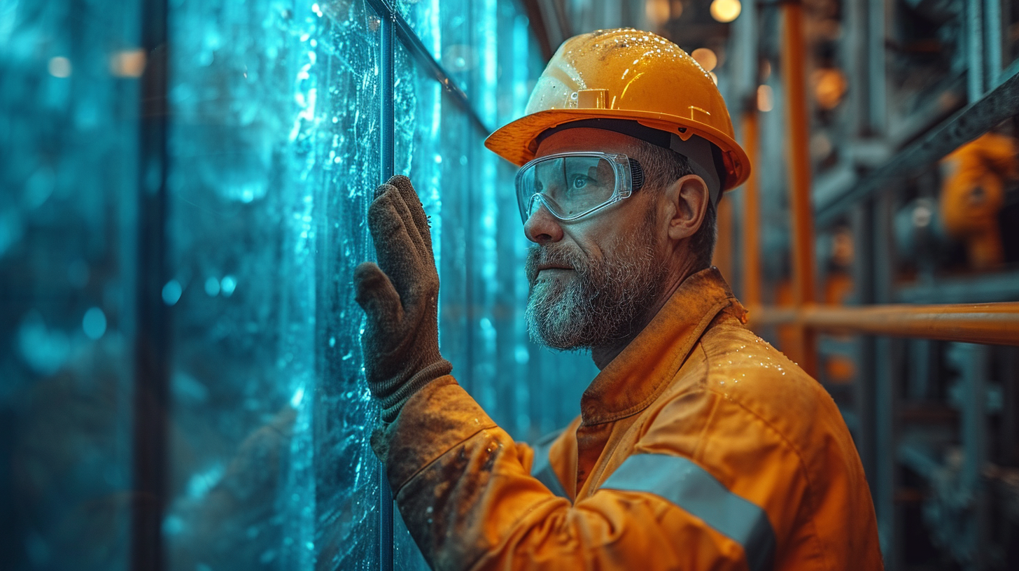 Blue glass pane with worker and safety equipments