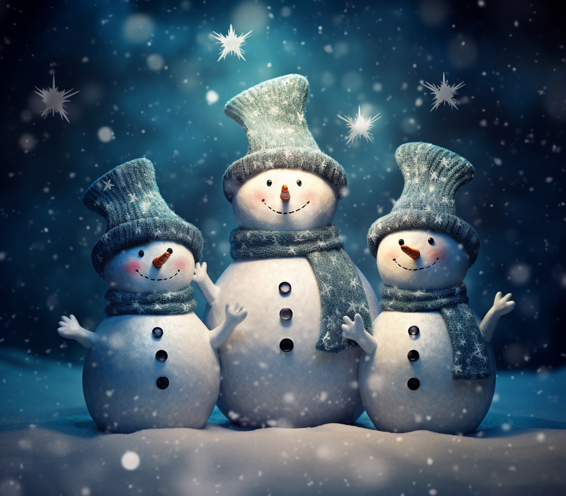 Three Sparkling Snowmen in Blue Hats