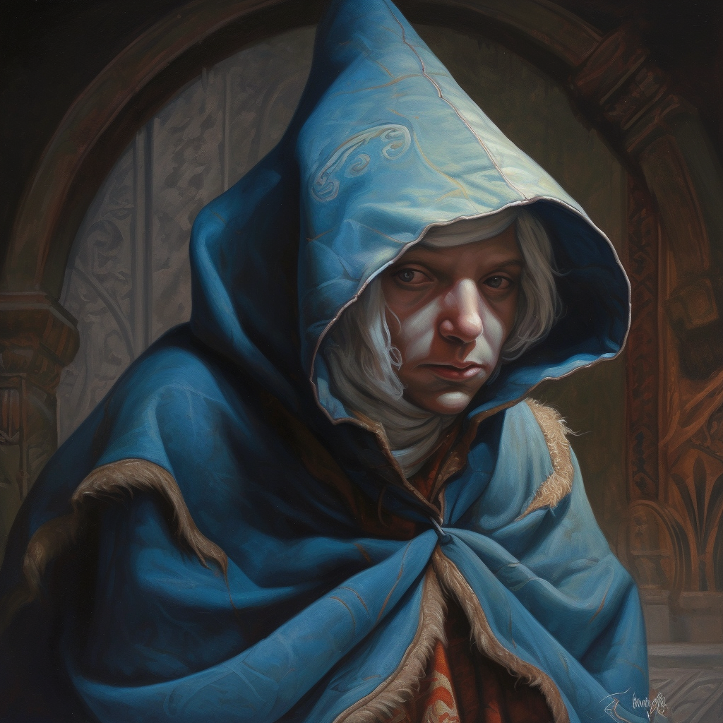 Young blue gnome with medieval traveling robes and cloak