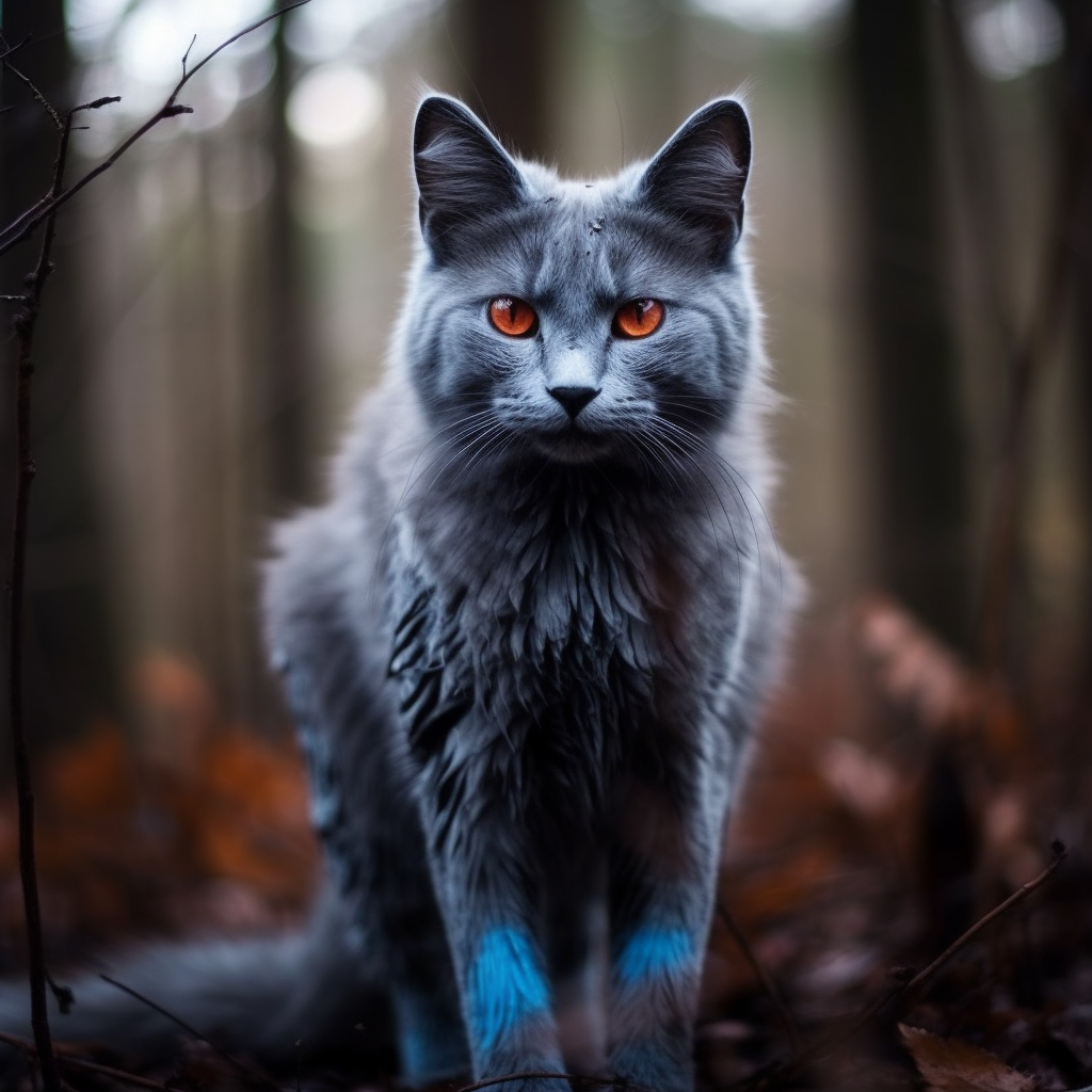 Injured blue-gray warrior cat with heterochromia in forest