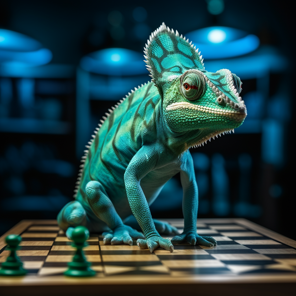 Blue Green Chameleon on Chess Board