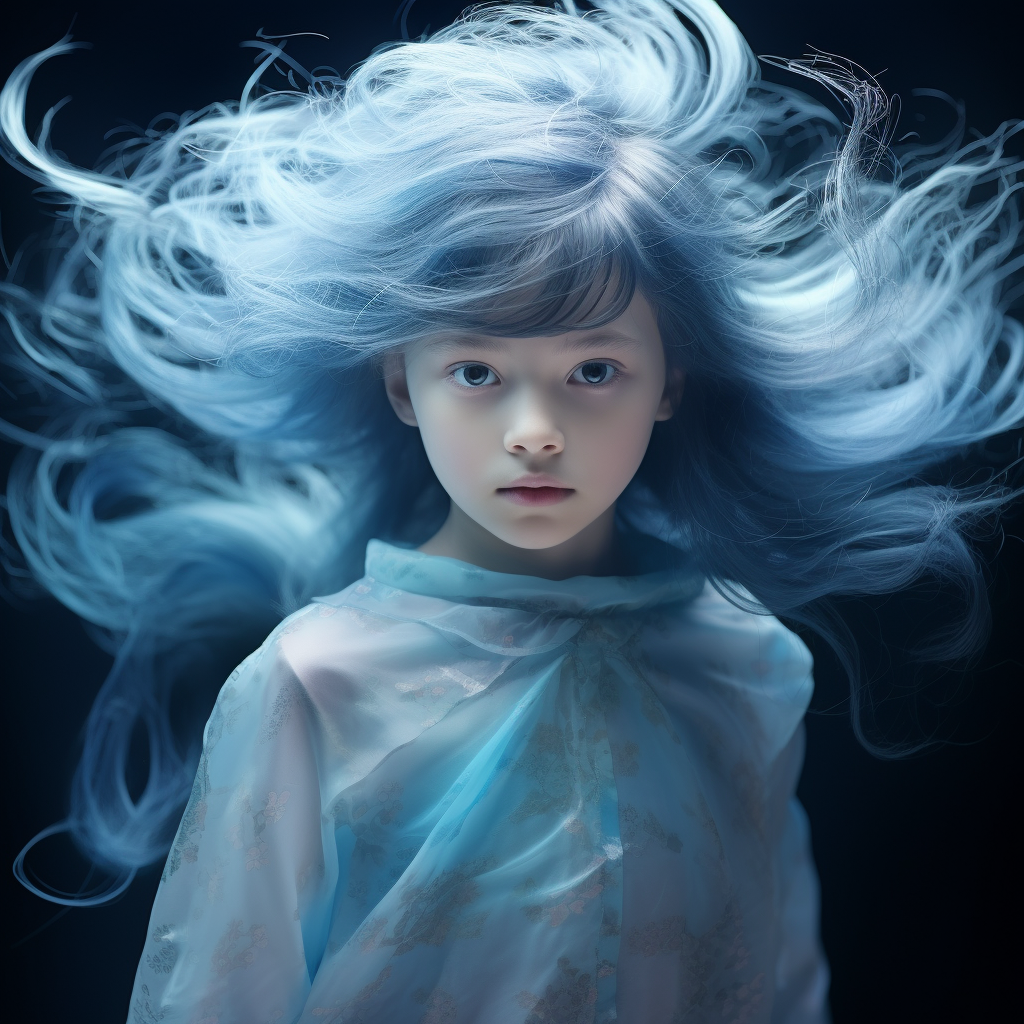 Young girl with translucent blue hair