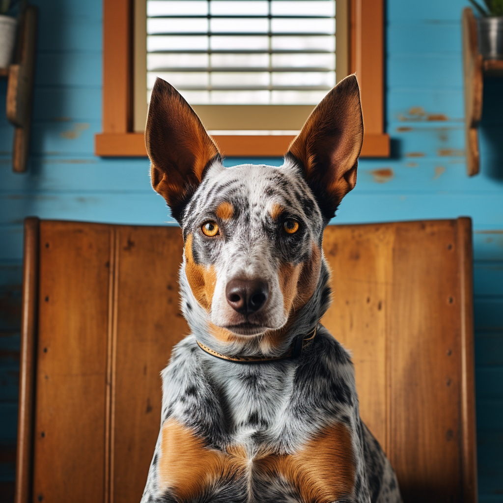 Cute blue heeler dog in house