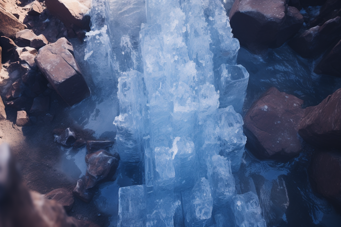 A block of blue ice in a red rocks desert