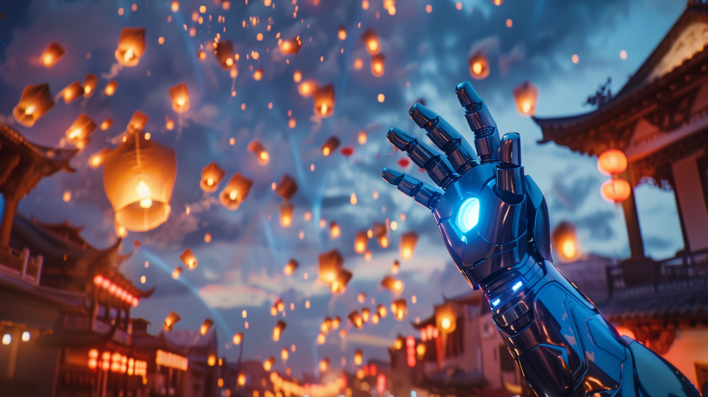 Blue Iron Man releasing sky lanterns