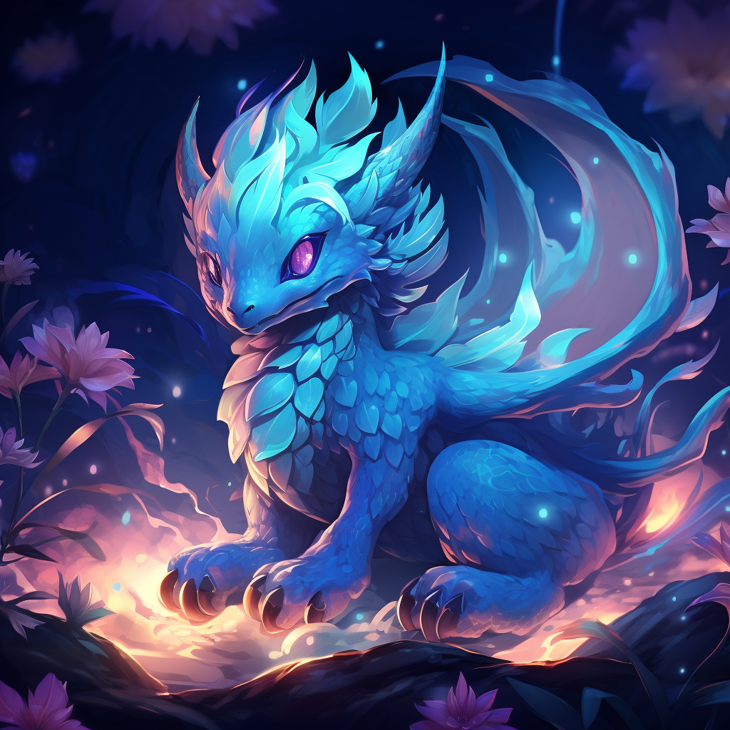 Cute blue Japanese dragon in 2D anime style