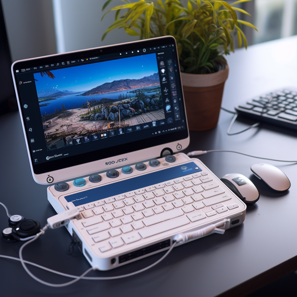 Gaming devices on a blue laptop table