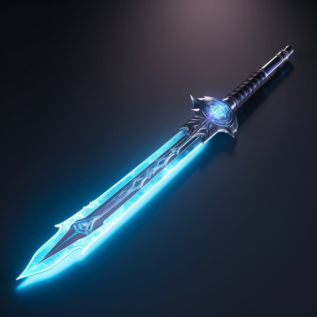 Thin blue light sword on white background