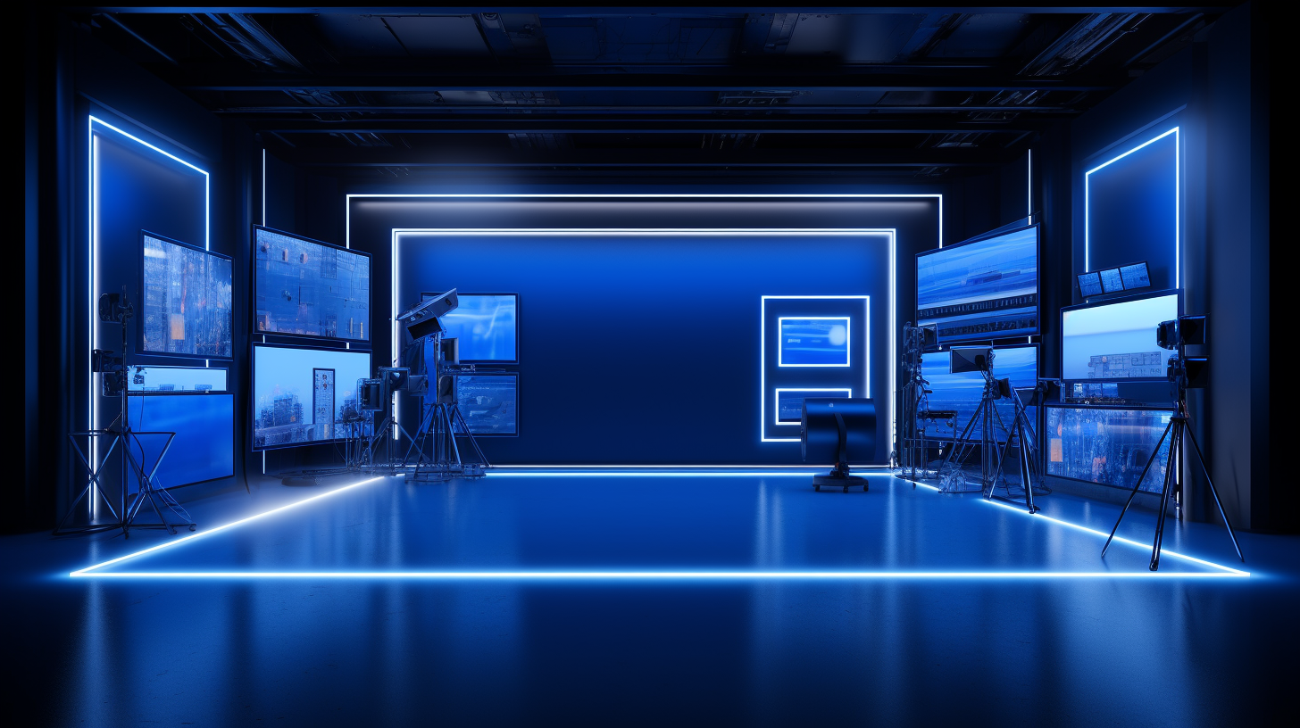 Professional photo studio with blue lights and camera lens