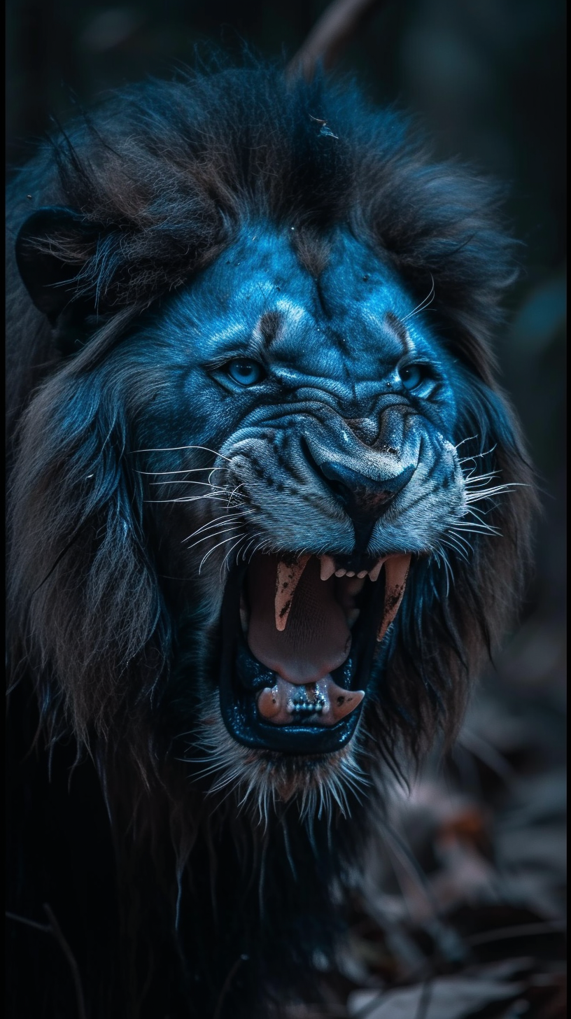 Blue Lion in Rainforest Growling