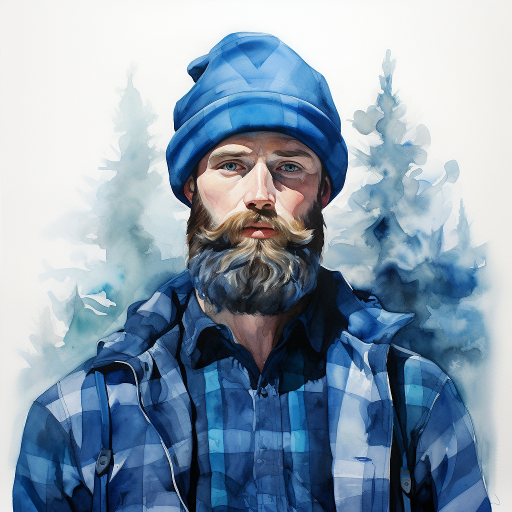 Blue lumberjack with pale blue skin in watercolor