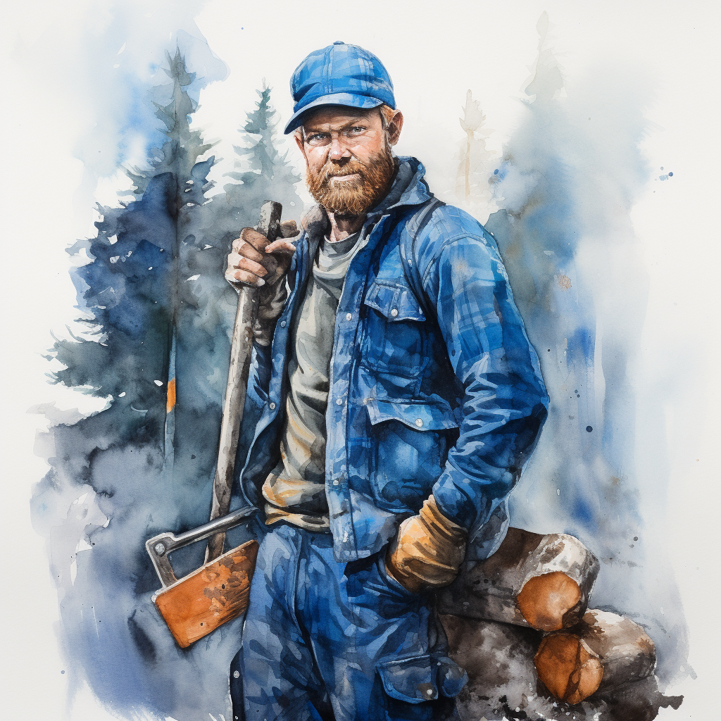 Watercolor of a Blue Lumberjack by Helen Oxenbury