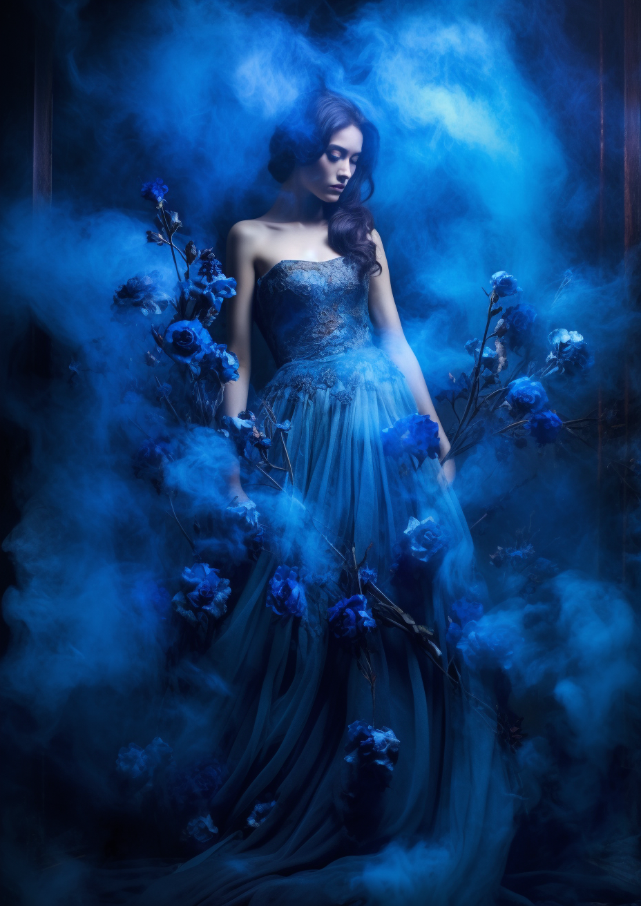 Gorgeous woman surrounded by blue luminescent frame and dark smoke flowers