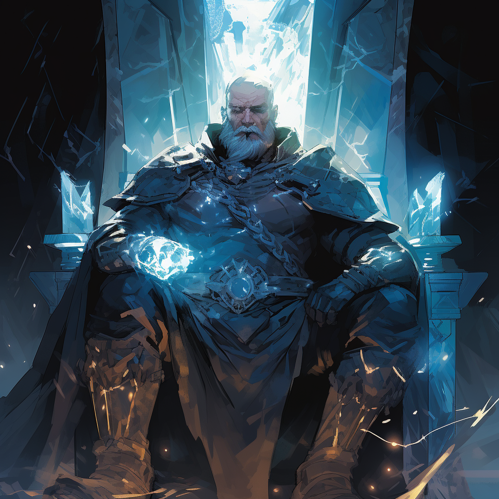 Illustration of a powerful dwarven king with blue magic