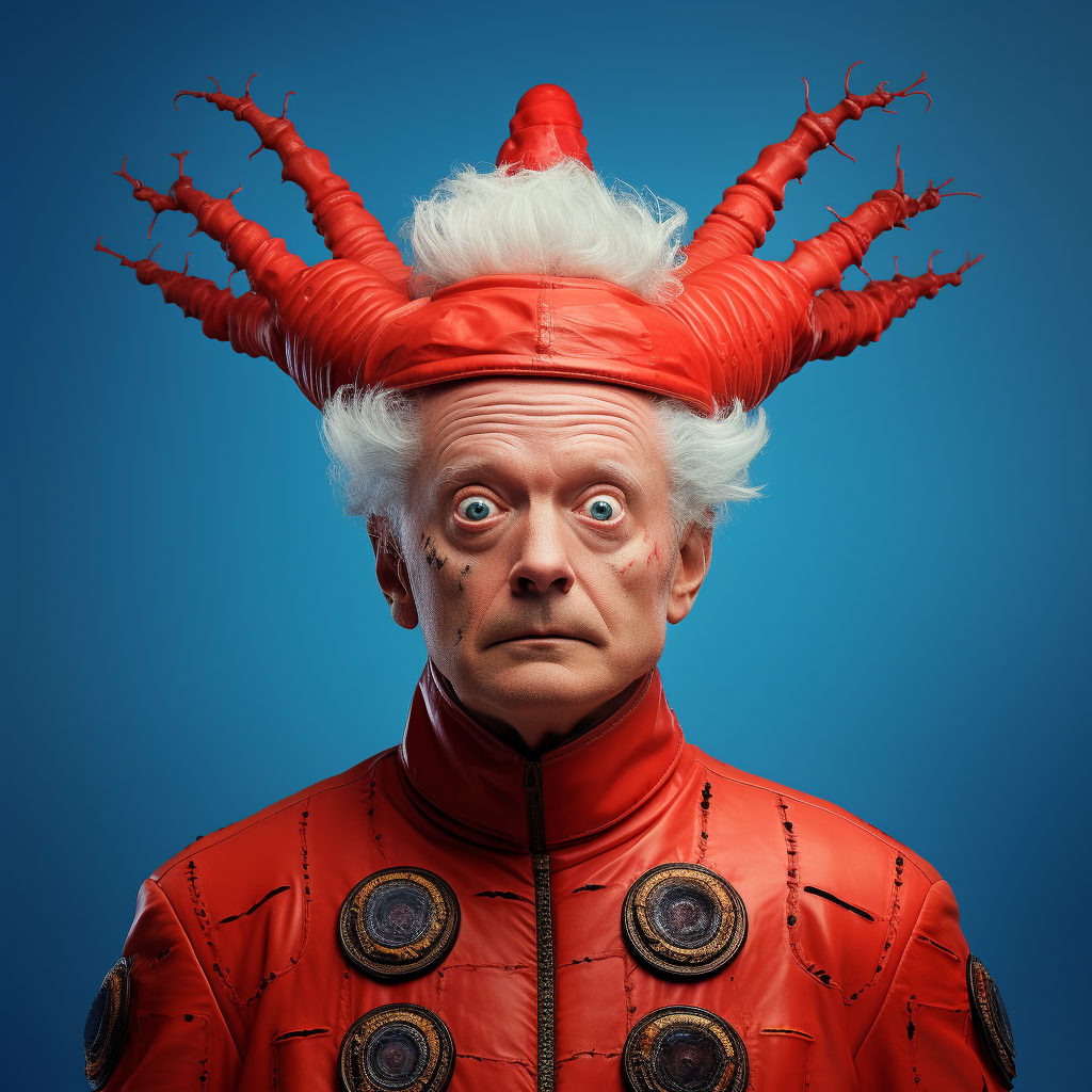 Blue man with white hair and insect antennae in red uniform