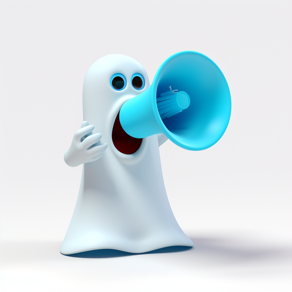 3D white ghost with blue marketing megaphone