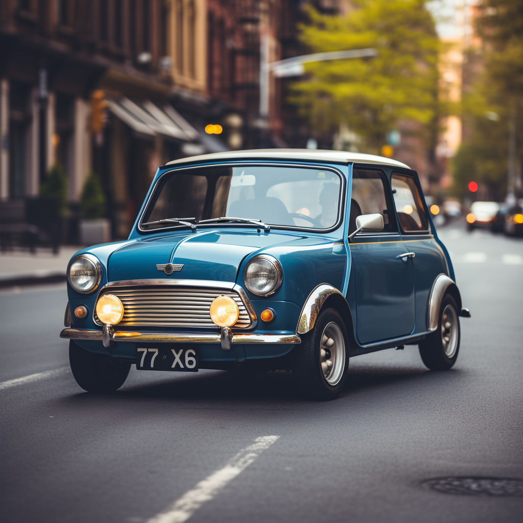 Blue mini cooper driving through the city