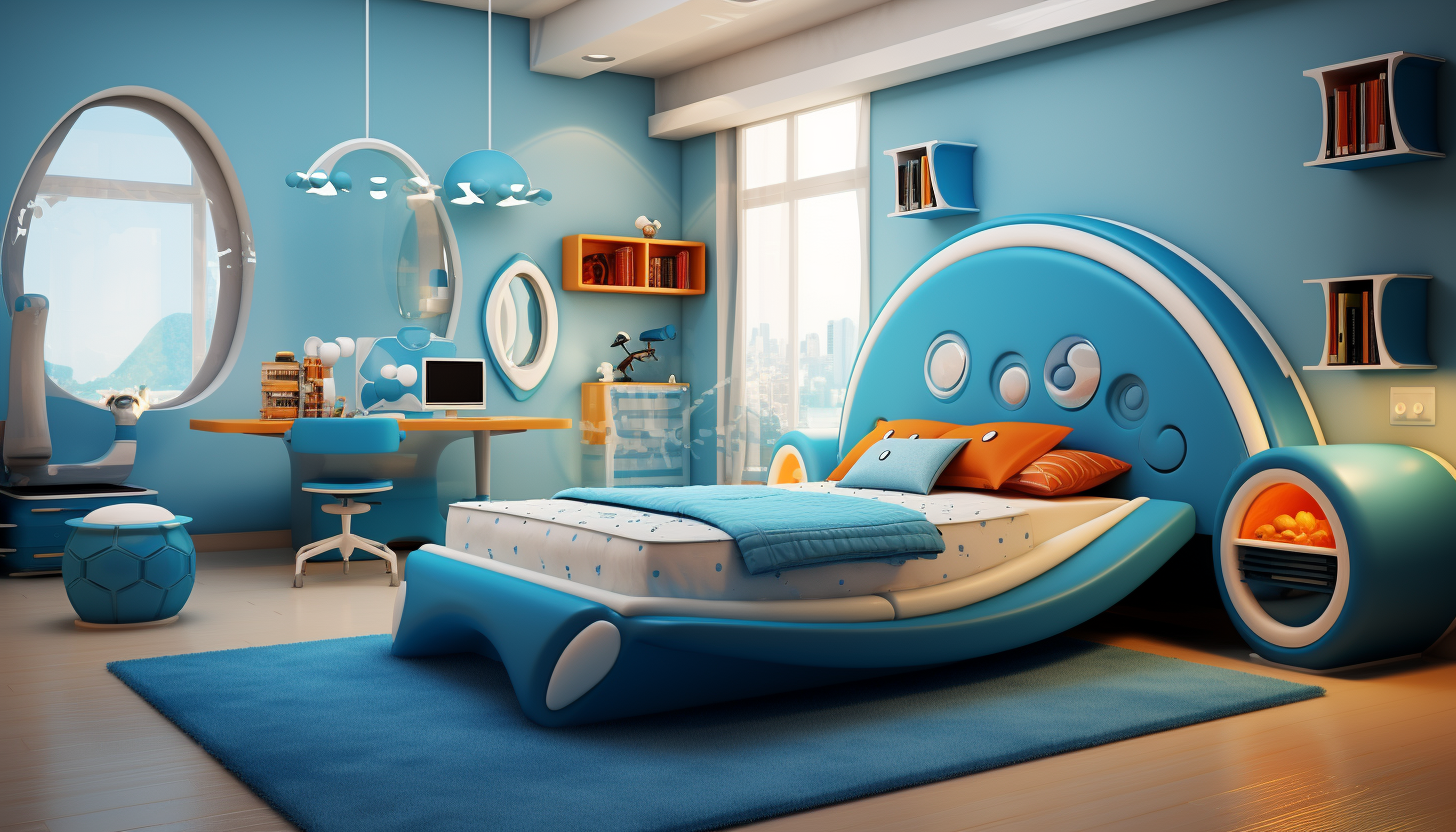 Blue modern bedroom furniture in 3D cartoon style