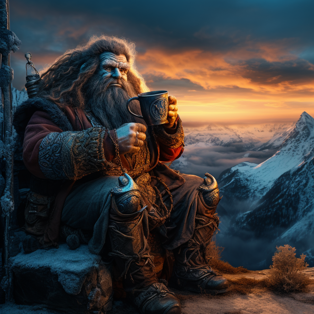 Blue mountain dwarf drinks coffee at sunrise