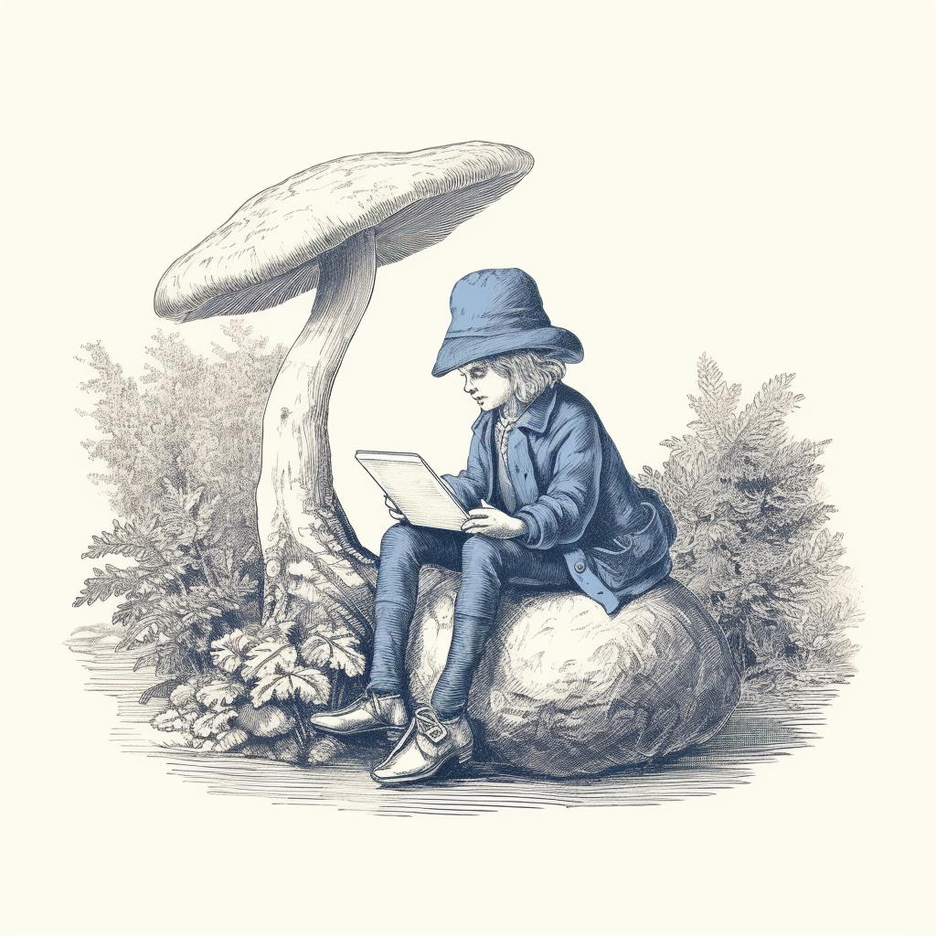 Adorable blue mushroom with laptop in lap