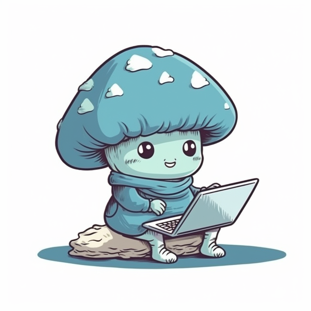 Cute blue mushroom character in cozy sweater with laptop