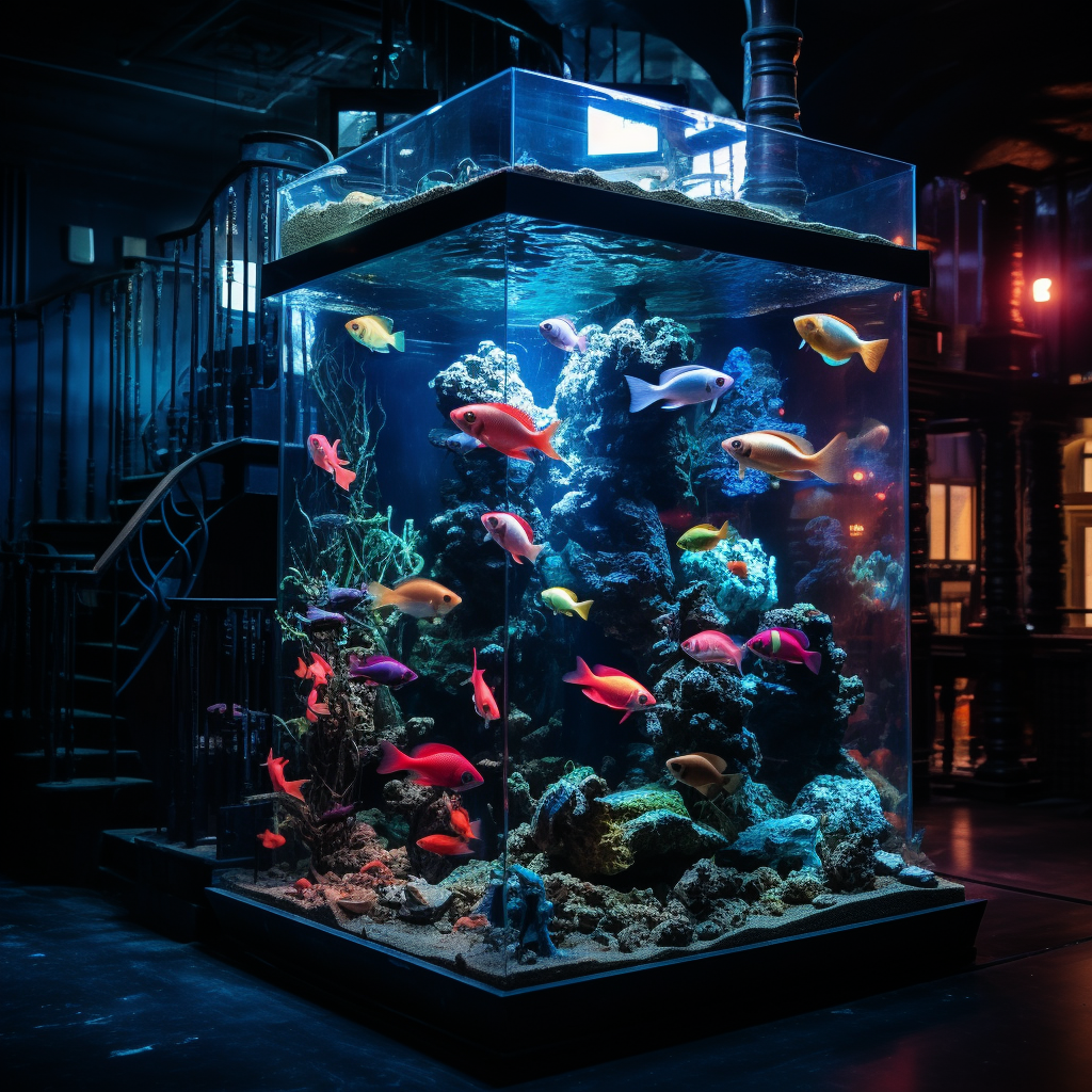 Colorful fish swimming in neon-lit aquarium