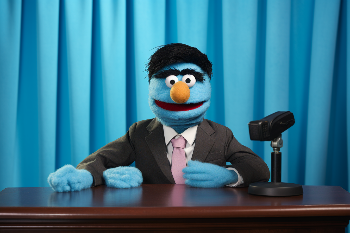 Cool man and Sesame Street doll on blue background