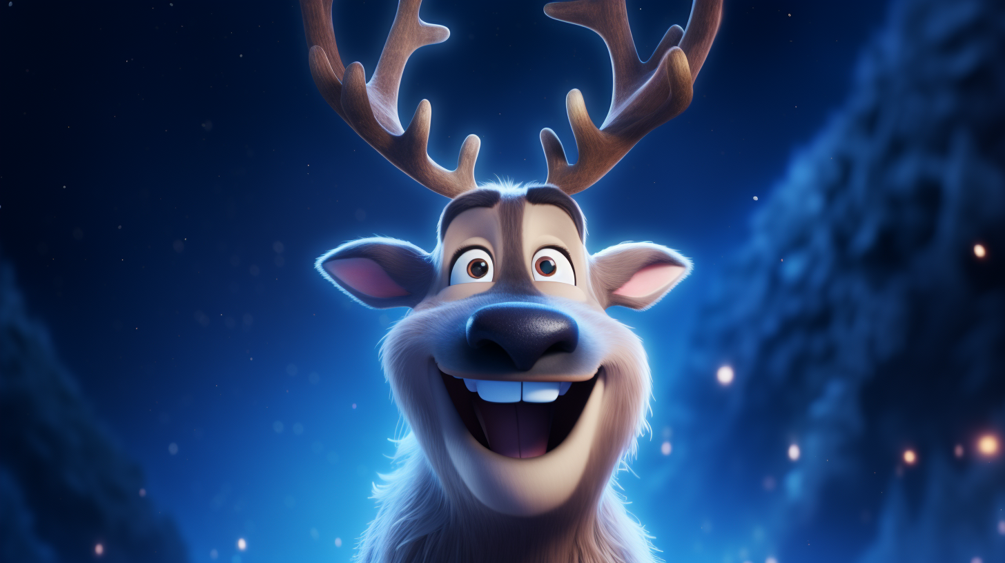 Blue nose reindeer smiling under night sky lights