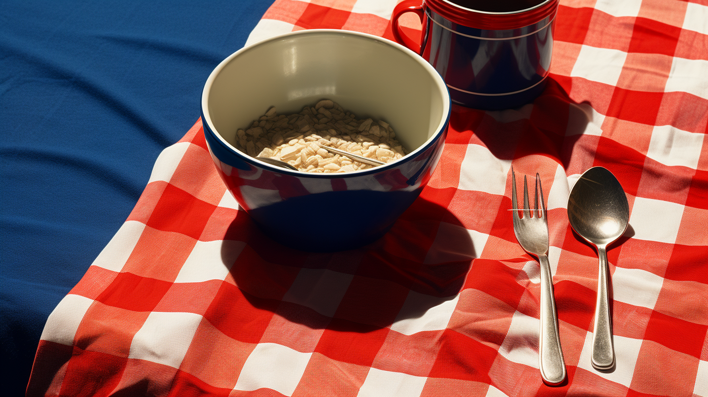 Ultramarine blue bowl of oatmeal on checker table cloth