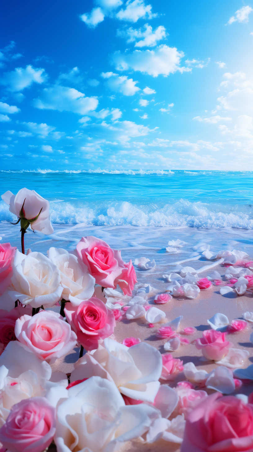 Blue Ocean, Sky, and Beach with Roses and Milky Way