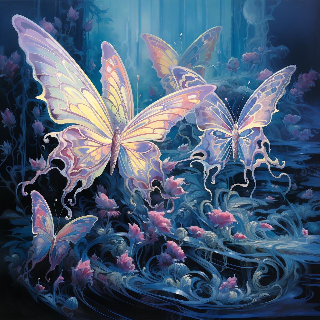 Beautiful butterflies in blue fantasy painting