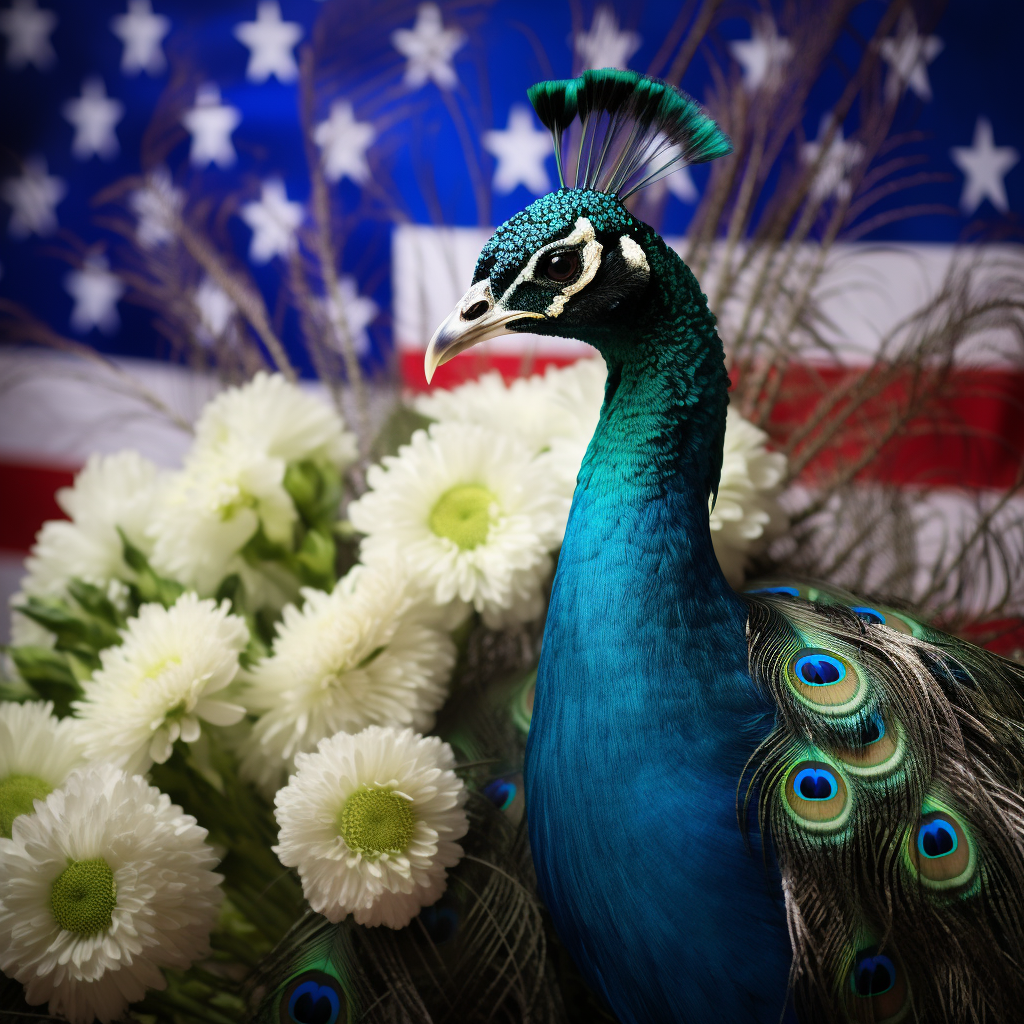 Stunning Blue Peacock with American Flag