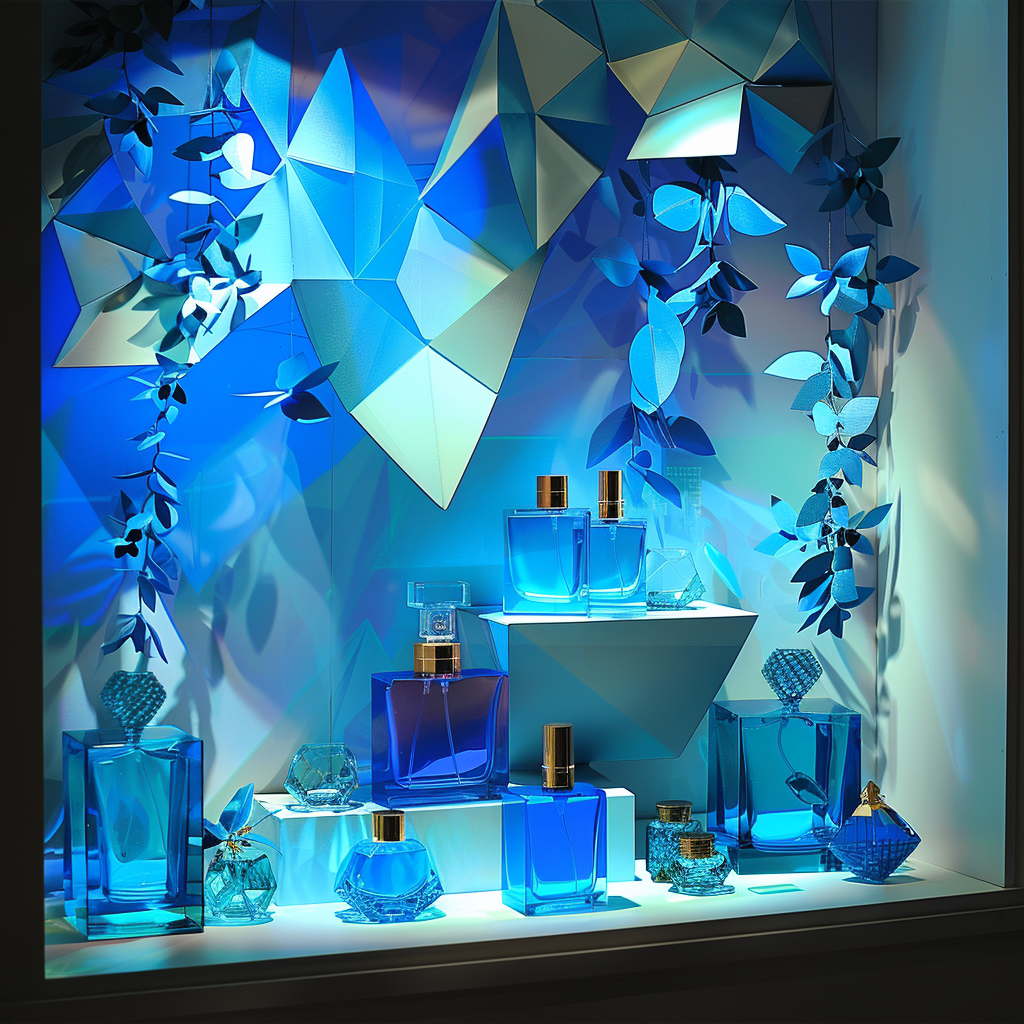 Blue perfume cubism art display