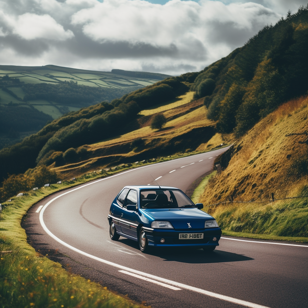 classic blue Peugeot 106 drifting on winding road