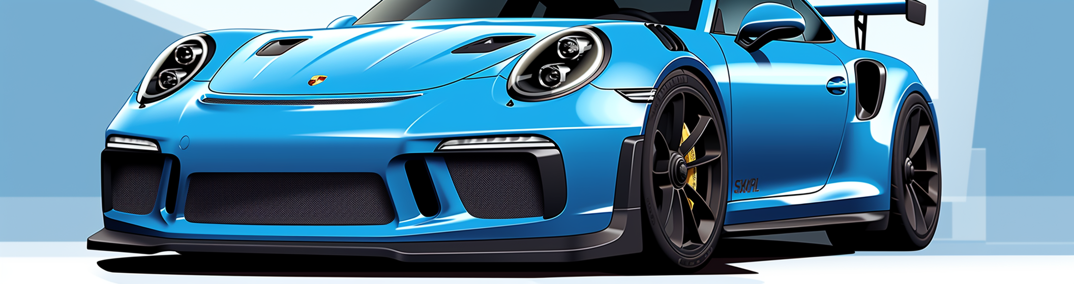 Cartoon drawing of blue Porsche