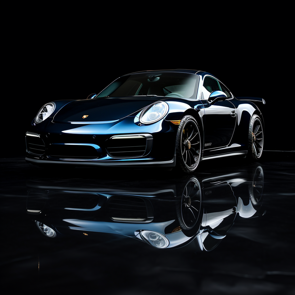 Blue Porsche reflecting on black background