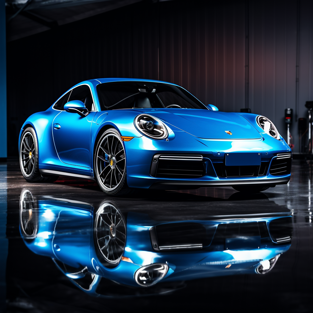 Blue Porsche with Reflection on Black Background