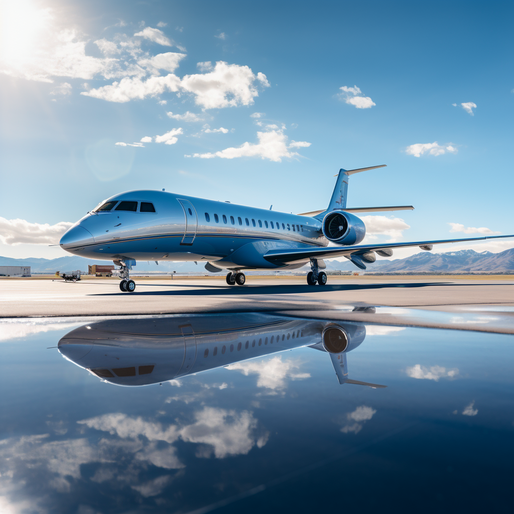 Blue private jet parked on luxury airport tarmac