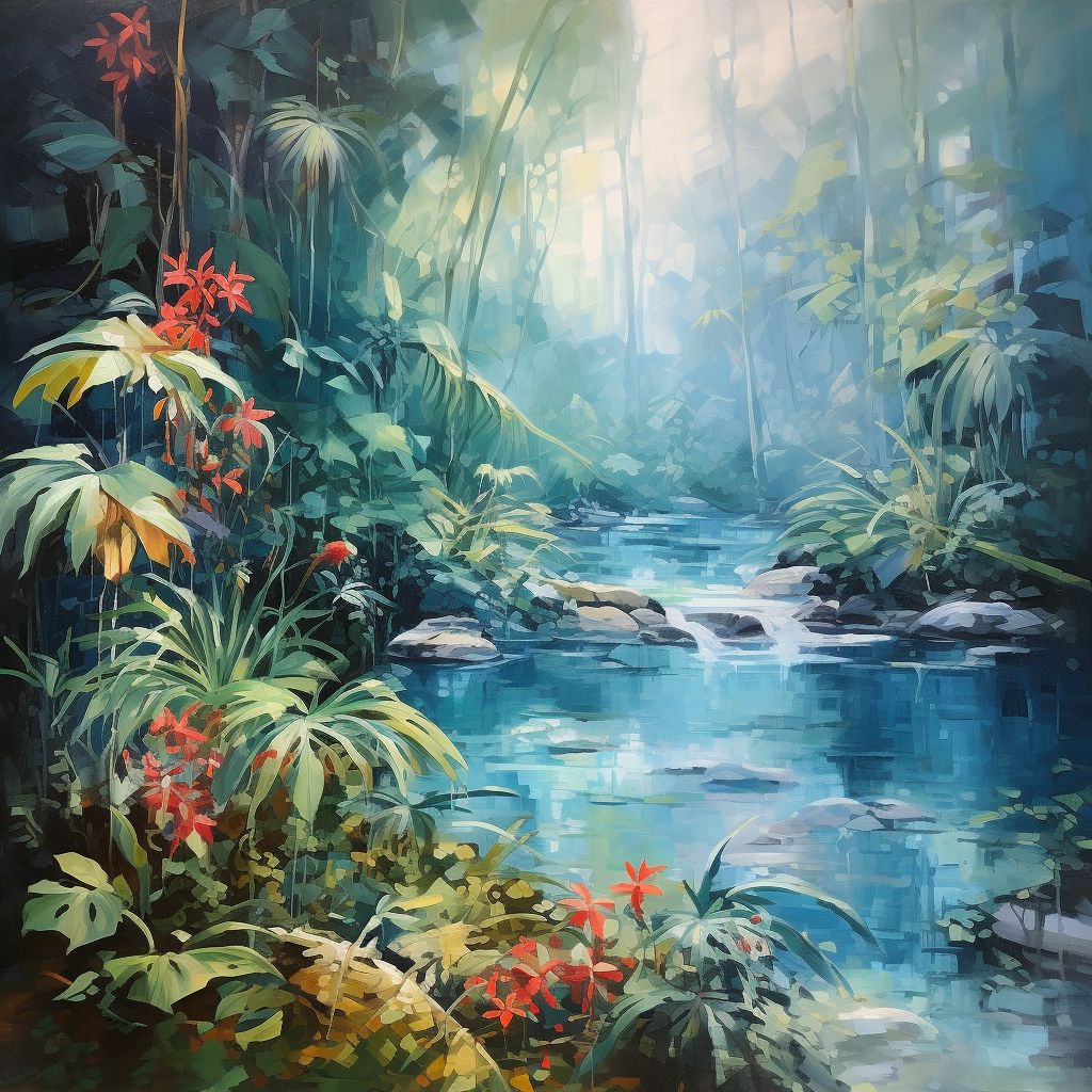 Oil painting of a blue rainforest