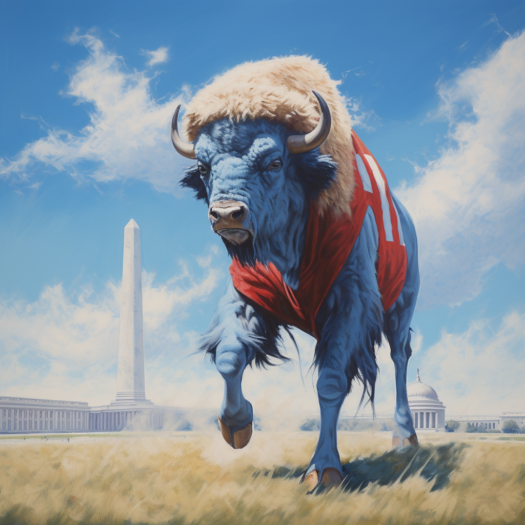 Majestic buffalo stomping on football field