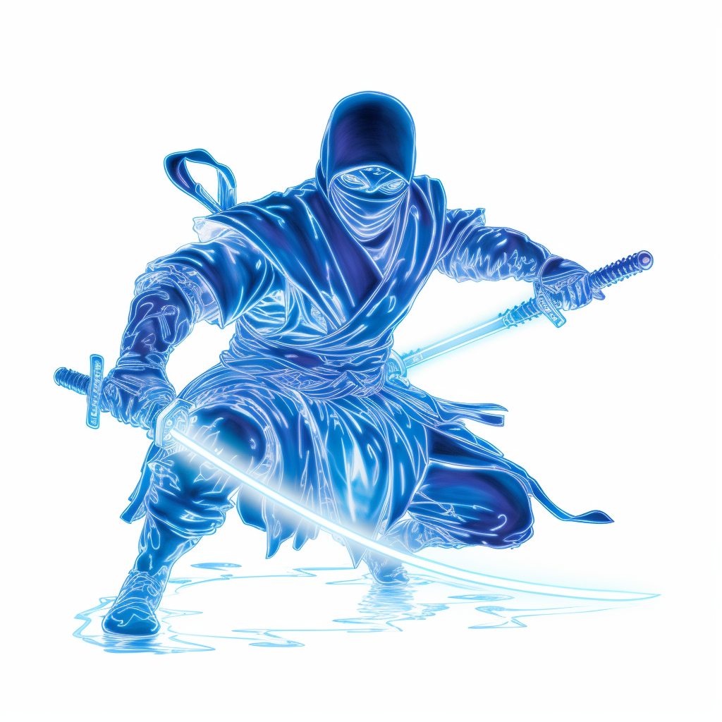 Energetic blue reflective ninja on white background