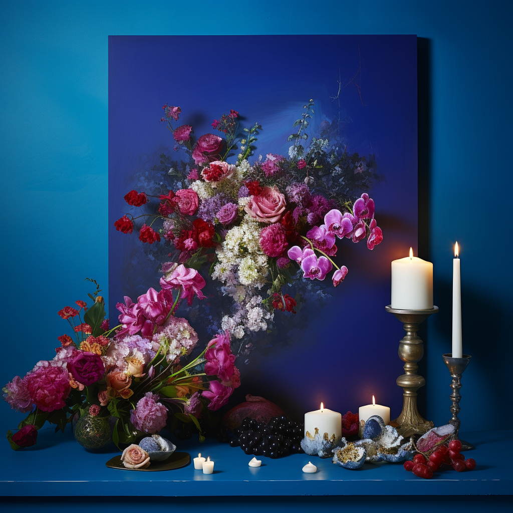 Colorful flower vase in blue room