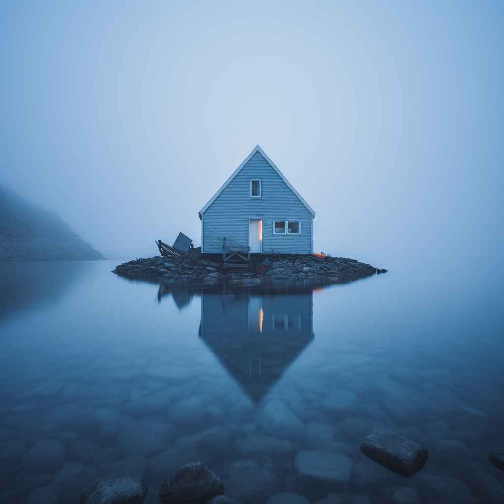 Stark blue salt box house by a calm lake