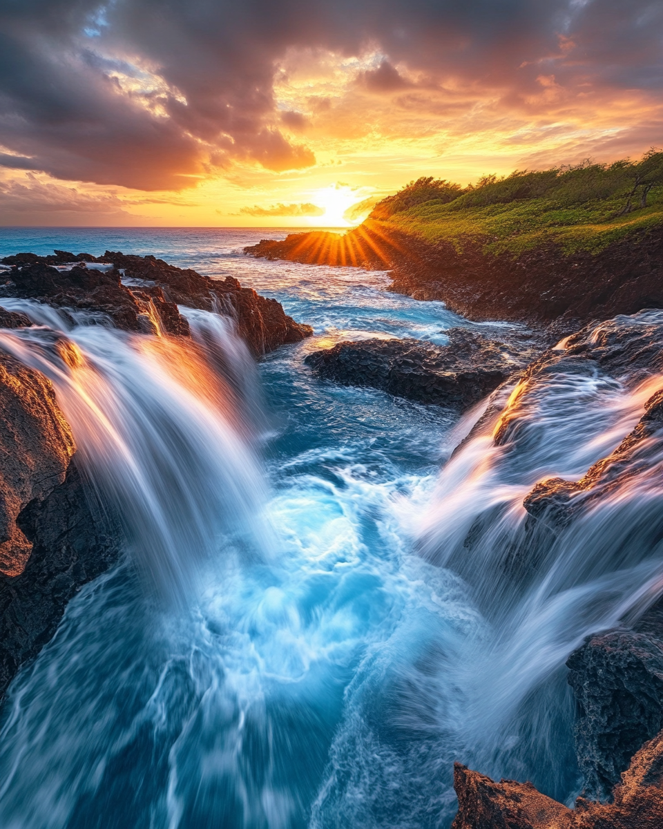 Beautiful Blue Sea Waterfall Sunset