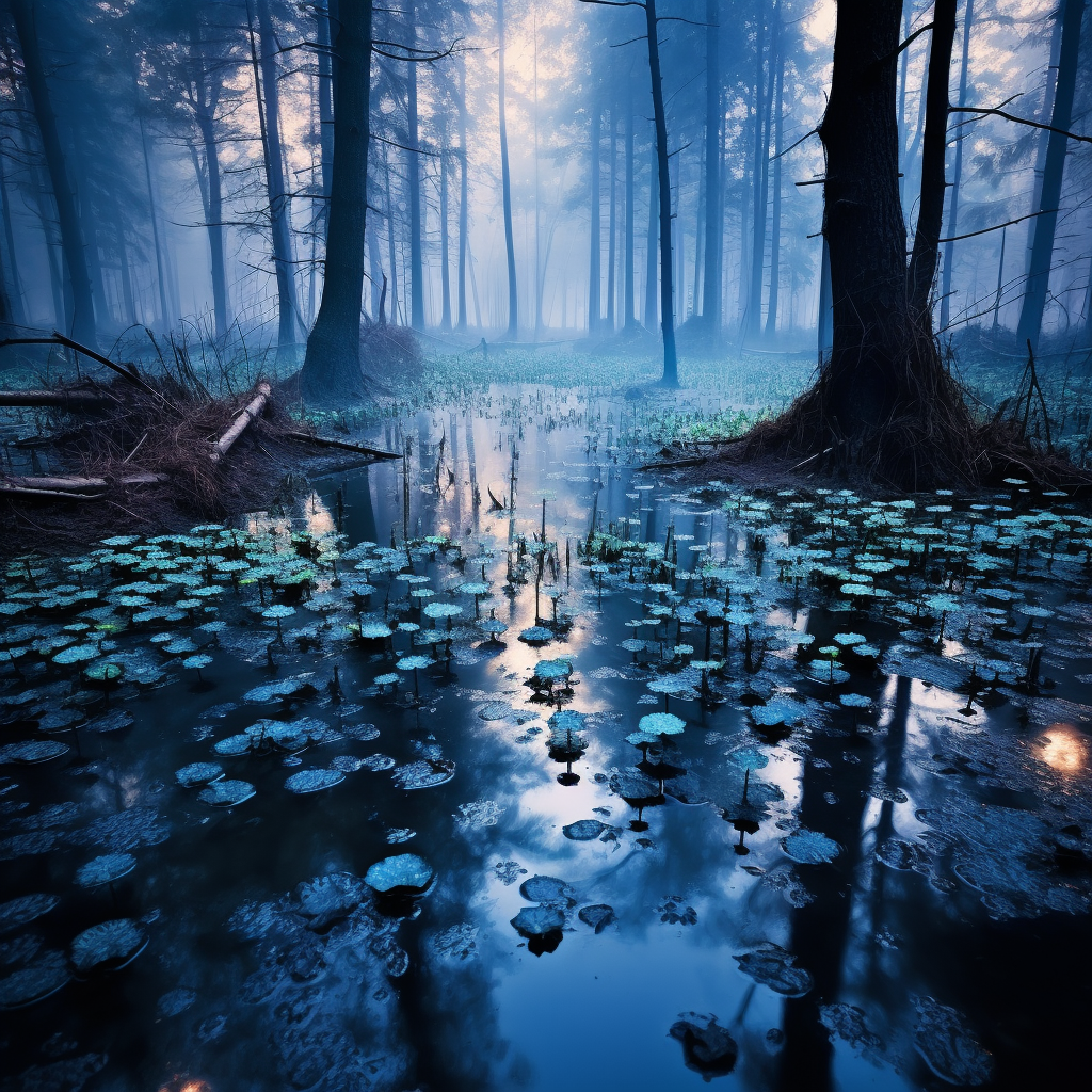 Enchanting blue ponds in a magical foggy atmosphere