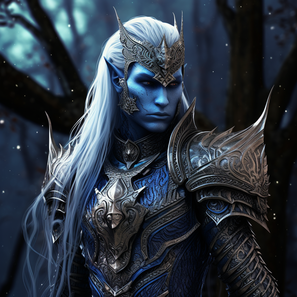 Powerful elven king with blue skin in warrior attire