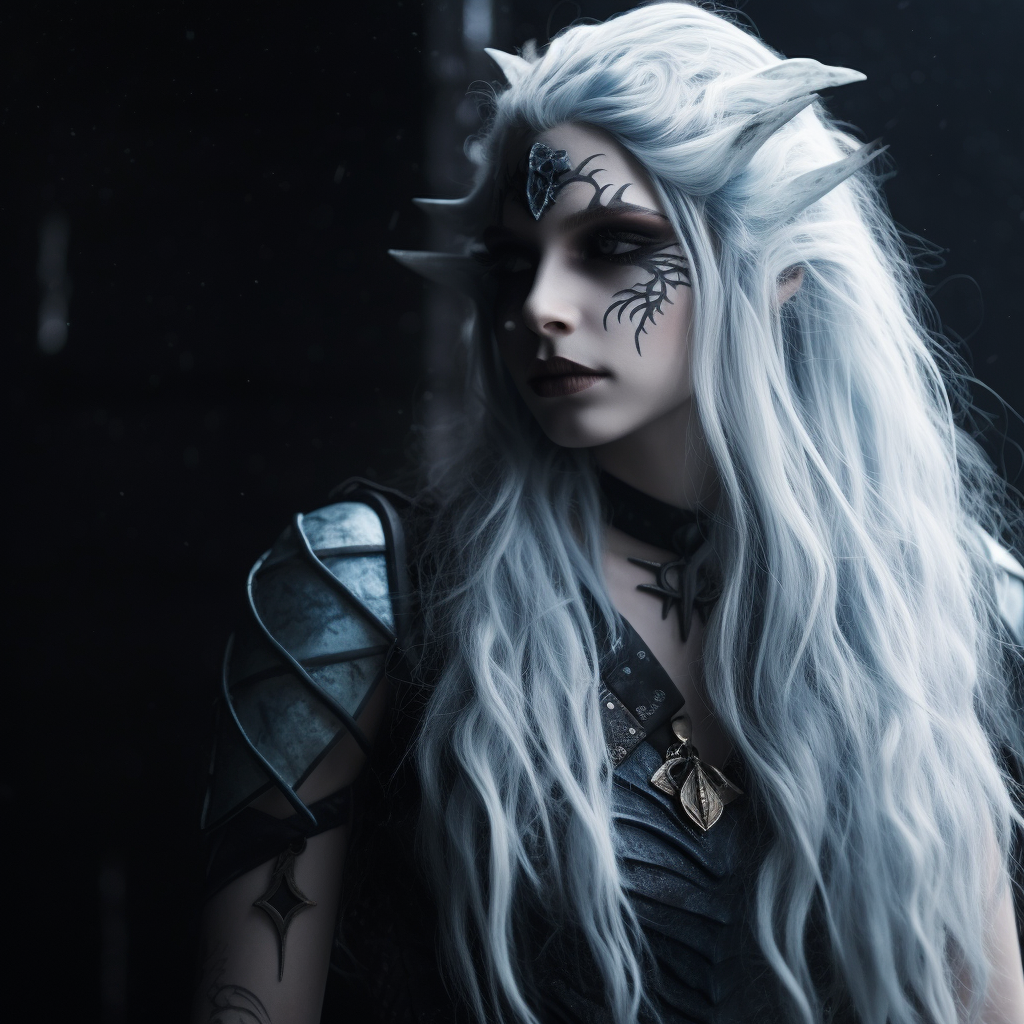 Smiling dark elf with blue skin and long white hair