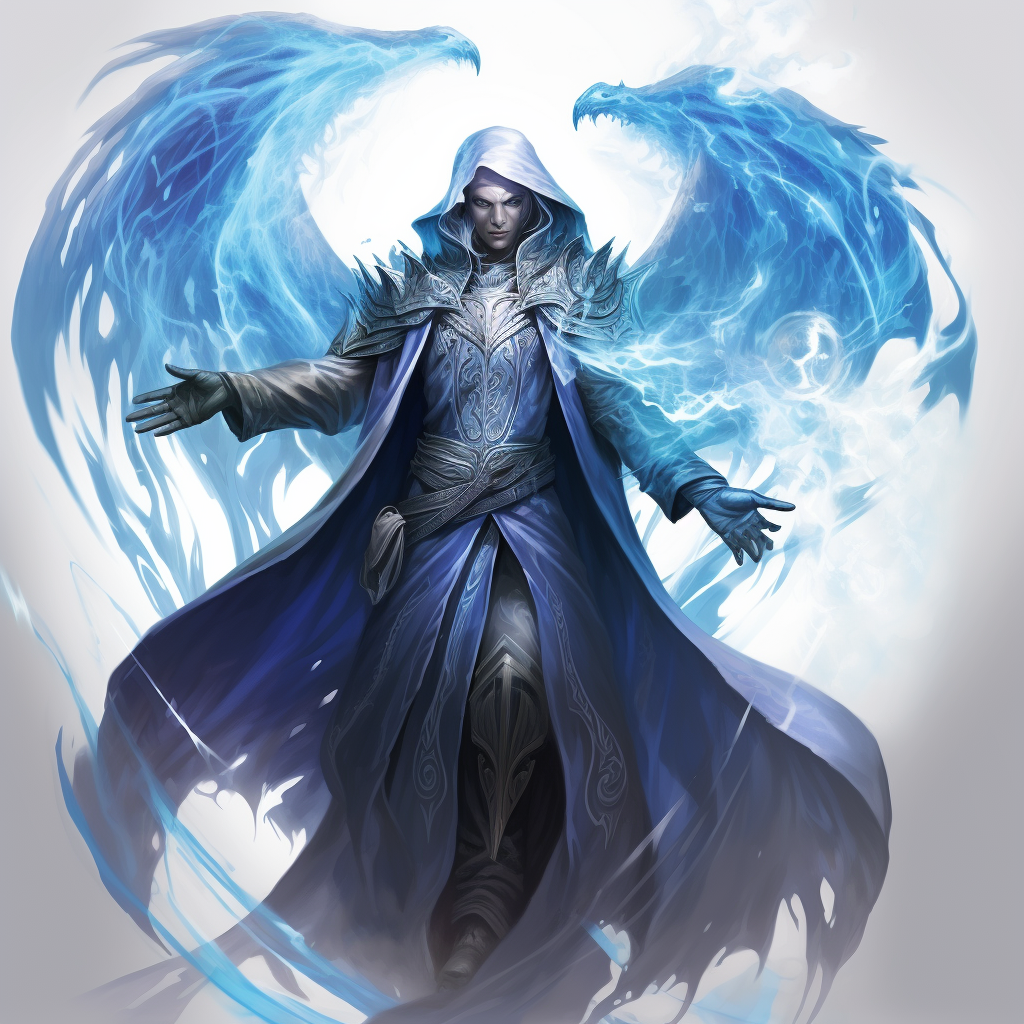 Blue-skinned drow sorcerer with magic cloak and wings